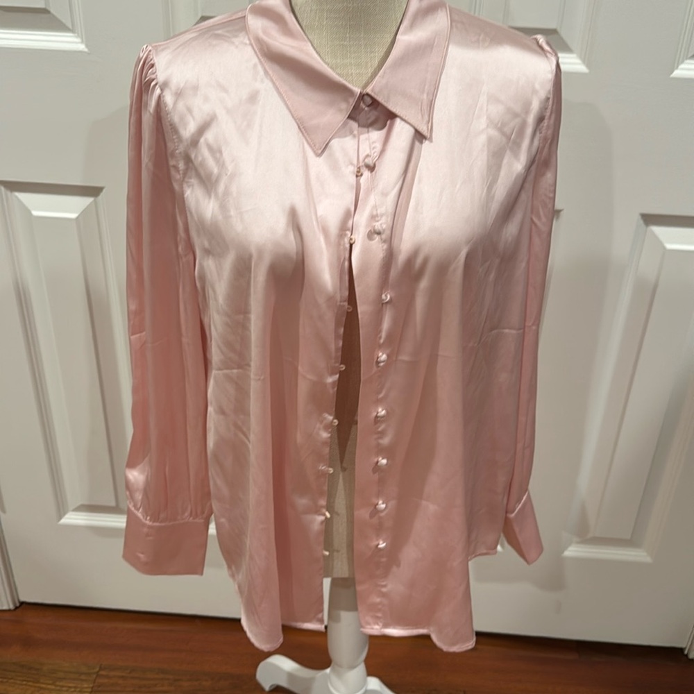 Satin Blouses for Women's Elegant Point Collar Work Office Button Up Shirt